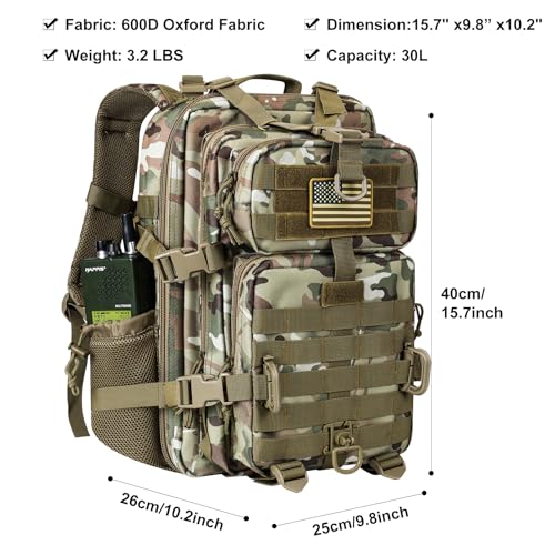 Hannibal Tactical 30L MOLLE Assault Pack, Tactical Backpack Military Army Camping Rucksack with Bottle Holder, 3-Day Pack, CP - color: Cp, size: 30L