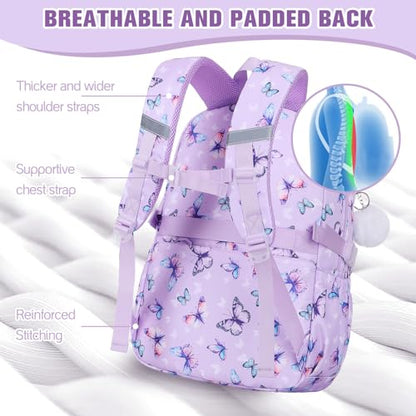 Bevalsa Backpack for Girls 3PCS Teen Girls Backpack for School with Lunch Bag Pencil Case Purple Cute Kids Laptop Backpacks Bookbag for Elementary Middle High School College Student (Butterfly) - color: Purple Butterfly