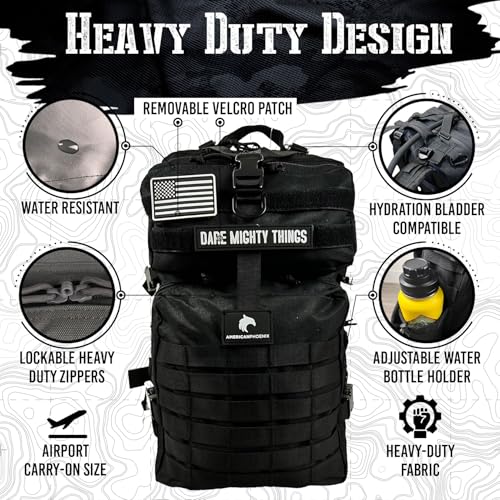 AMERICANPHOENIX 45L Elite Tactical Backpack | 3X Stronger Work & Military Backpack | Water Resistant and Heavy Duty | 3 Day MOLLE Bug Out Bag (Carbon Black) - color: Carbon Black