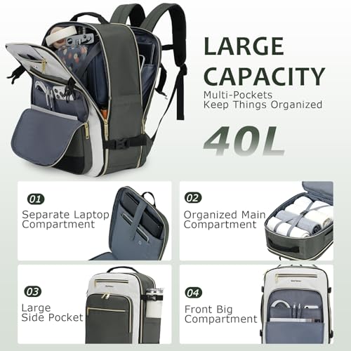 EMPSIGN 40L Travel Backpack for Women & Men, Airline Approved Carry On Backpack, TSA Personal Item Bag Waterproof, Overnight Weekender Essentials Backpacks for Business fits 17" Laptop, Army Green - color: Beige/Army Green/Black
