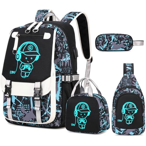 Bevalsa Backpack for Boys, Cool Luminous Boys Backpack with Sling Bag, Lunch Box & Pen Case, School Bags for Kids Children Teens Elementary Middle Schools, Bookbag Glow In The Dark (Green) - color: Green