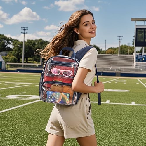 MAY TREE Small Clear Backpack Stadium Approved for Women and Men Clear Bag for Stadium Events Concert Sporting Festival, Navy - color: Navy-1, style: 2 Front Pocket-1