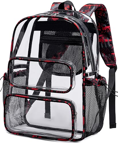 CAMTOP Clear Backpack Heavy Duty Transparent Bag See Through BookBag for Student School Work Festival Sport Travel (Graffiti Red) - color: Graffiti Red, size: Medium-17‘’