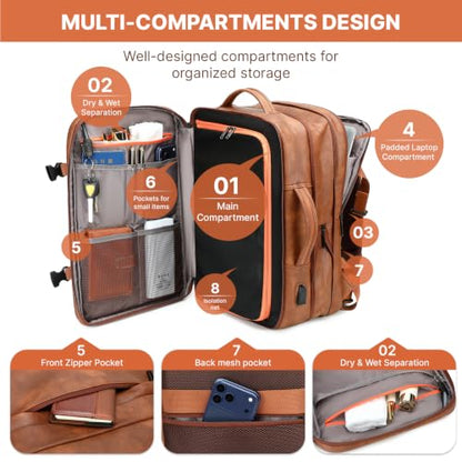 Travel Backpack for Women, PU Leather Carry On Backpack Flight Approved with Laptop Compartment, 40L Expandable Personal Item Travel Bag for Traveling Weekender Business (Pink) - color: Pink