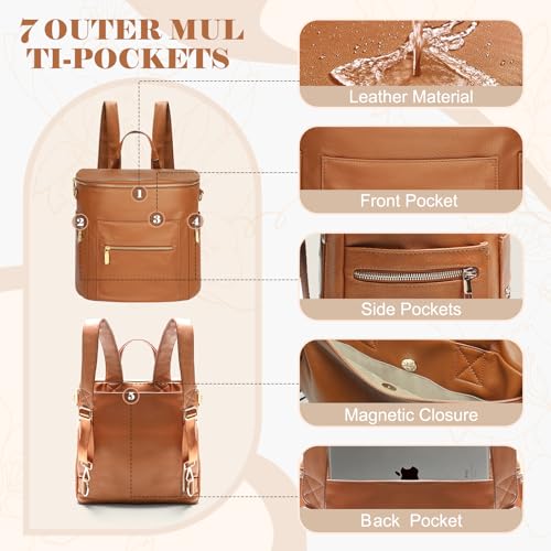 miss fong Diaper Bag Backpack Baby Diaper Bag, Large Leather Diaper Backpack with 16 Pockets Travel Diaper Bag with Diaper Changing Pad, Stroller Straps & 2 Insulated Pockets (Regular, Cognac) - color: Cognac