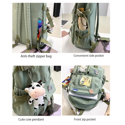 Kawaii Backpack with Cute Bear Plush Kawaii Pin Accessories Large Capacity Aesthetic School Bags Cute Bookbag for Girls Teen(Simple, Army Green) - color: Army Green