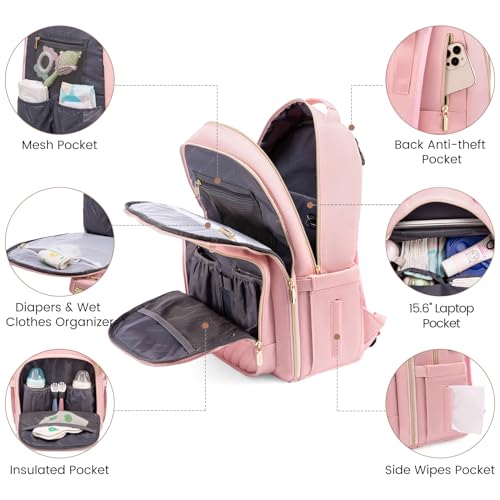LOVEVOOK Diaper Bag Backpack, Quilted Baby Bag with Changing Pad & Pacifier Holder, Waterproof Travel Diaper Bags for Baby Boys Girls, Stylish and Large Capacity,Pink - color: Pink