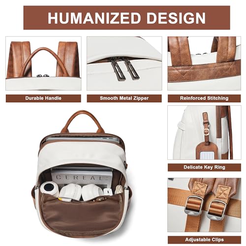 Vegan Leather Backpack for Women and Men, Fits 16.0 Inch Laptop, Multi-Pocket Design with Water Bottle and Luggage Strap, Ideal for Work, Travel, and Daily Use, Beige - color: 3-1 Beige
