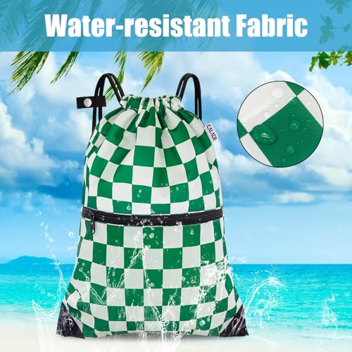 draw string back bag, Large Gym Sports string backpack for men and women with front zipper pocket(Greencheckered) - color: Greencheckered, style: Drawstring With Front Pocket