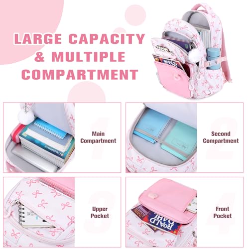 Bevalsa Backpack for Girls 3PCS Teen Girls Pink Bow Backpack for School with Lunch Bag Pencil Case Cute Kids Laptop Backpacks Bookbag for Elementary Middle High School College Student (Bow) - color: Pink Bow