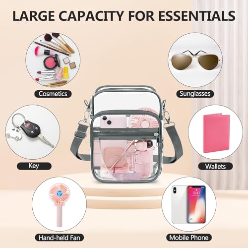 Blvornl Clear Crossbody Bag with Adjustable Shoulder Strap, Stadium Approved PVC Purse Bag, Messenger Bag - color: Grey, size: Small