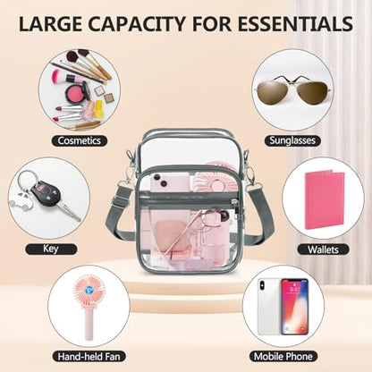Blvornl Clear Crossbody Bag with Adjustable Shoulder Strap, Stadium Approved PVC Purse Bag, Messenger Bag - color: Grey, size: Small