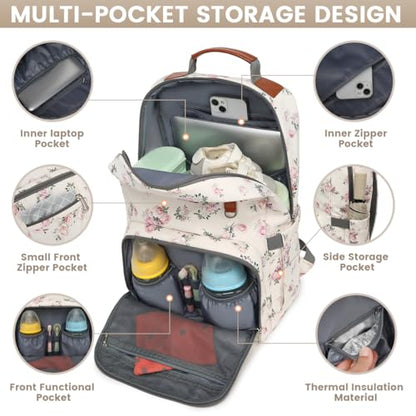 Diaper Bag Backpack, Large Baby Nappy Bags with Portable Changing Pad for Boys and GirlsMultifunction Travel Baby Bag for Moms Dads, Shower Gifts Waterproof and Stylish，Flower Beige - color: Flower Beige