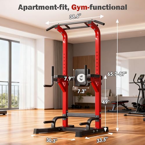 DlandHome Power Tower Pull Up Bar Station, Heavy Duty Pull Up Dip Station Adjustable Height for Home Gym Strength Training Equipment, 330LBS Weight Capacity - color: Red
