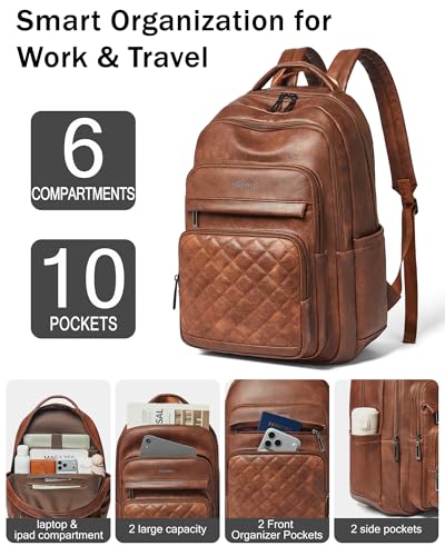 Bluome Work Backpack for Women Men, Laptop Vegan Leather Backpack Purse with 15.6–17 Inch Laptop, Multi-Pocket Bookbag for Office Travel Gym Weekend Overnight Bag, Brown - color: Brown