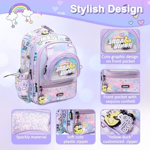 16 Inch Girls Backpack for Preschool Kindergarten Elementary School, Multi Pocket Purple School Backpack Lightweight Kawaii - color: Cute Yellow Duck