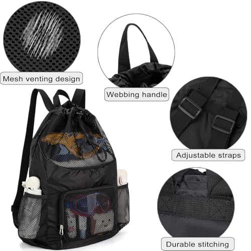 Swim Bag for Kids Mesh Beach Backpack for Boys Lightweight Drawstring Beach Bag Swimming Pool Sports Gym String Bag (Black) - color: All-Black