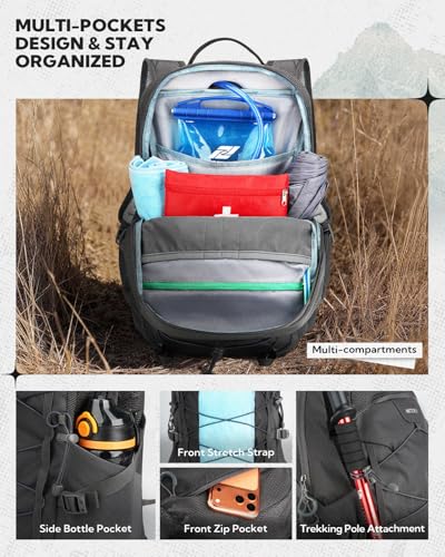 WATERFLY 20L Small Hiking Backpack for Women Men, Lightweight Breathable Back Panel, Chest Strap with Whistle, Fits 2L Water Bladder, Multi-Pocket Bag for Hiking Camping Travel Trekking Outdoor - color: Grey