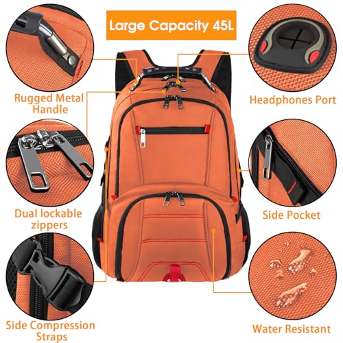 LTINVECK Extra Large 50L Travel Laptop Backpack, Computer bag Backbag, TSA Friendly Durable Big RFID Heavy Duty Business Tech Backpack Fits 17 Inch Laptops for Men Women, Orange - color: Full Orange