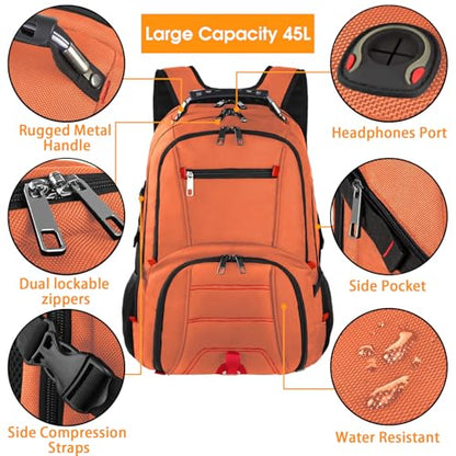 LTINVECK Extra Large 50L Travel Laptop Backpack, Computer bag Backbag, TSA Friendly Durable Big RFID Heavy Duty Business Tech Backpack Fits 17 Inch Laptops for Men Women, Orange - color: Full Orange