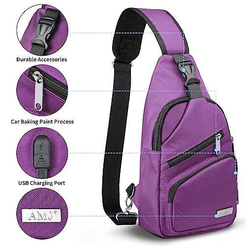 AMJ Crossbody Sling Bag Men Women, Casual Shoulder Backpack, Chest Daypack Satchel for Hiking Travel - color: Purple, size: Small