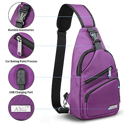 AMJ Crossbody Sling Bag Men Women, Casual Shoulder Backpack, Chest Daypack Satchel for Hiking Travel - color: Purple, size: Large