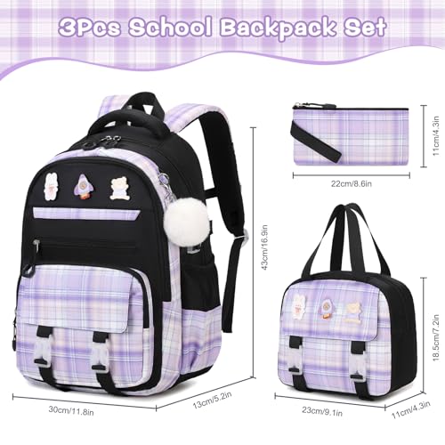 FIXITOK 3PCS School Backpack for Girls, Girls Backpack with Lunch Box, Pencil Case, Cute Kawaii Plaid Book Bag for Teen Girl Kindergarten Elementary Preschool Middle High School, Black Purple - color: Black Purple