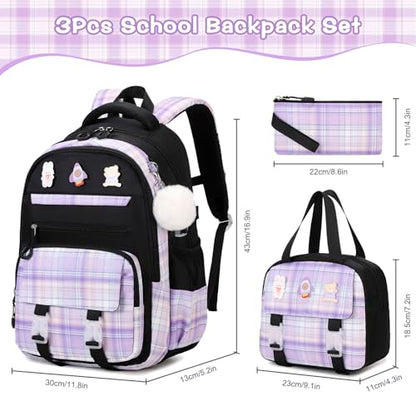 FIXITOK 3PCS School Backpack for Girls, Girls Backpack with Lunch Box, Pencil Case, Cute Kawaii Plaid Book Bag for Teen Girl Kindergarten Elementary Preschool Middle High School, Black Purple - color: Black Purple
