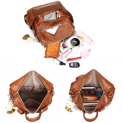 Soperwillton Women Backpack Purse Multipurpose Design Handbags Shoulder Bag PU Leather Travel bag Backpack Set 2pcs - color: Z-brown