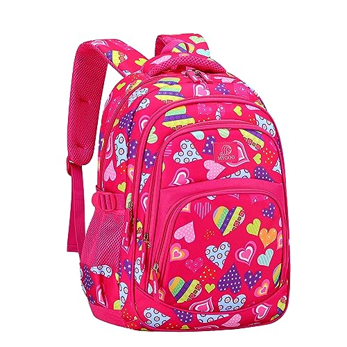 MYGOO Girls School Backpack Grove Heart Magenta Bookbag for Elementary Middle School Ages 5-12, 17 inch Large Capacity 24L Kids Student Travel Bags - color: Grove Heart Magenta