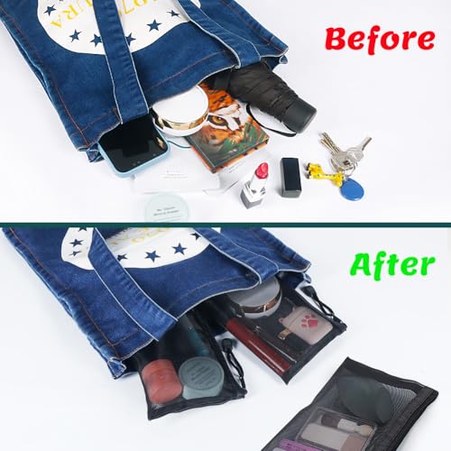 Small Mesh Cosmetic Bags, 6pcs Nylon Makeup Pouches with Zipper for Home Office Purse Diaper Bag (Black) - color: Black