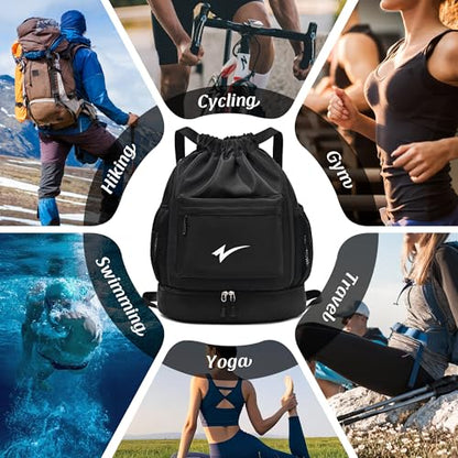 Sport Drawstring Backpack, Gym Bag with Mesh Side Pockets and Separate Shoe Compartment, Water-Resistant (Black) - color: Black