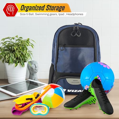 Vizari Soccer Backpack Soccer Bag | Water resistant Durable Equipment Bag for Football, Basketball, Volleyball | Cleats and Ball Compartment - Red,Blue,Pink,Black - color: Black/Navy