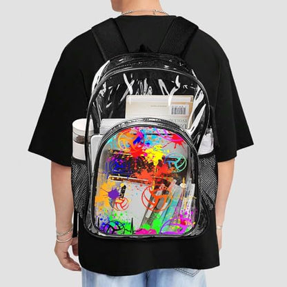 Volleyball Clear Backpack Heavy Duty for Girls Kids Boys Women | Large Cool PVC Volleyball Theme Printing Transparent Backpacks for Schools Stadium Concerts Work - Clear/Black - color: Volleyball Clear Backpack 1 Black With Front Pocket