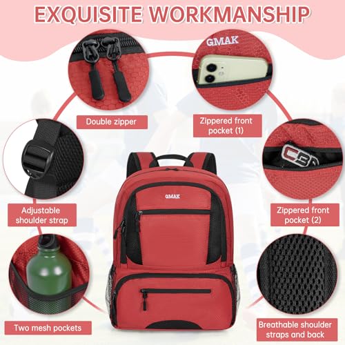 GMAK Soccer Backpack for Youth, Soccer Bag with Ball/Shoe Compartment for Football/Basketball/VB, Lightweight Training Pack - color: Red
