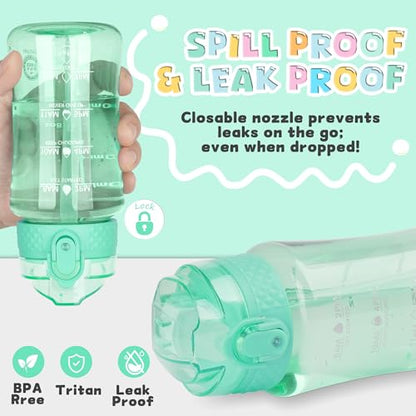 OLDLEY 12oz Kids Water Bottle, Tritan BPA-Free, Leakproof Flip Straw Lid, Motivational Time Marker, Carry Strap, Reusable Clear Water Bottle for Boys & Girls,Glow Green - color: Glow Green, style: 12 Ounces