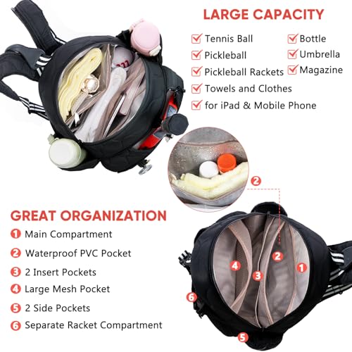 Quilted Tennis Bag for Women – Tennis Backpack & Crossbody Sling | Holds 2 Rackets or 3 Pickleball Paddles | Lightweight Badminton Racket Bag, Tennis Tote & Sports Backpack - color: Black