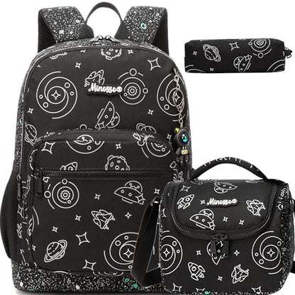 Boys Backpack for Kids 8-12 Years Old Boys Backpack for School Lightweight Kids School Bookbag with Lunch Box Set Back to School Supplies for Elementary Toddler Student - color: Black Planet