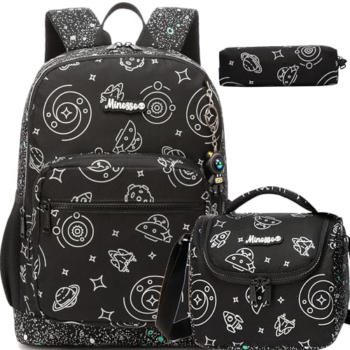 Boys Backpack for Kids 8-12 Years Old Boys Backpack for School Lightweight Kids School Bookbag with Lunch Box Set Back to School Supplies for Elementary Toddler Student - color: Black Planet