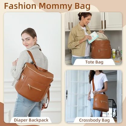 miss fong Diaper Bag Backpack Baby Diaper Bag, Large Leather Diaper Backpack with 16 Pockets Travel Diaper Bag with Diaper Changing Pad, Stroller Straps & 2 Insulated Pockets (Regular, Cognac) - color: Cognac