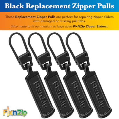 FixNZip Medium to Large Black Zipper Pull Replacements (4-Pack) | Universal Clip-On Pull Tabs for Zipper Repair, Sliders & Luggage, Jackets, Backpacks, Tents, Sleeping Bags & Outdoor Gear - color: Black