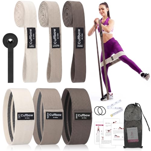 Cuffbow 6 Pcs Fabric Resistance Bands for Working Out, Non-Slip Exercise Bands for Women and Men, 3 Levels Long & Short Booty Elastic Band with Door Anchor for Home Pilates Stretching