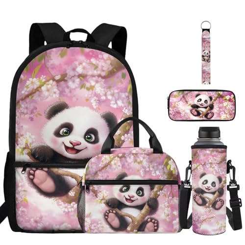ZDCUSTOM Pink School Backpack for Girls 6-8 Years Old with Lunchbox Panda Bookbag for Preschool Elementary School Kids Children School Bag with Pencil Case Cherry Blossom Backpack Sets 5 PCS - color: Pink Panda