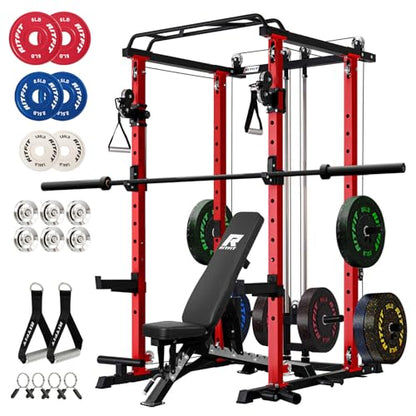 RitFit Multi-Function Garage & Home Gym Package Includes 1200LBS Power Cage PPC03/P3 with Cable Crossover System, Weight Bench, Olympic Barbell Weight Set, Full Body Workout - color: Red, style: Package 2.0K (with FBP 340lbs Plates)
