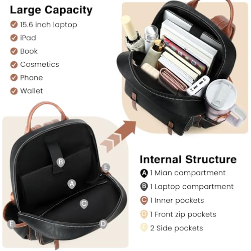 Vegan Leather Laptop Backpack for Women Designer 15.6 Inch PU Laptop Bag, Ladies Travel Computer Work Backpack - color: Black Brown