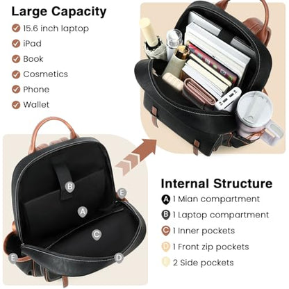 Vegan Leather Laptop Backpack for Women Designer 15.6 Inch PU Laptop Bag, Ladies Travel Computer Work Backpack - color: Black Brown