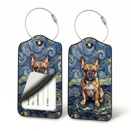 French Bulldog Luggage Tags for Suitcases, 2 Pack PU Leather ID Tags Set | Privacy flap hides address card, steel wire loop fits carry-ons, gym bags, pet carriers, weekend duffels and urban day trips - color: French Bulldog