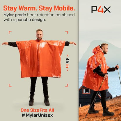 PREPARED4X Emergency Mylar Poncho – Survival Rain Poncho with Hood – Lightweight, Compact, Reusable Emergency Blanket Poncho for Hiking, Camping, Thermal Gear, Car Kit, Outdoors - color: Orange