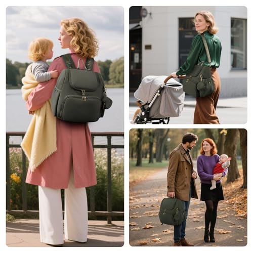 CEI-CEI Neoprene Diaper Bag Backpack Stylish Baby Maternity Bags Travel Tote for Mom with Insulated Pockets, Changing Pad, Stowable Shoulder Strap - color: Dark Green