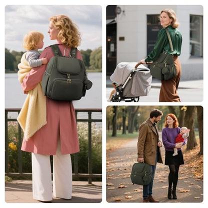 CEI-CEI Neoprene Diaper Bag Backpack Stylish Baby Maternity Bags Travel Tote for Mom with Insulated Pockets, Changing Pad, Stowable Shoulder Strap - color: Dark Green